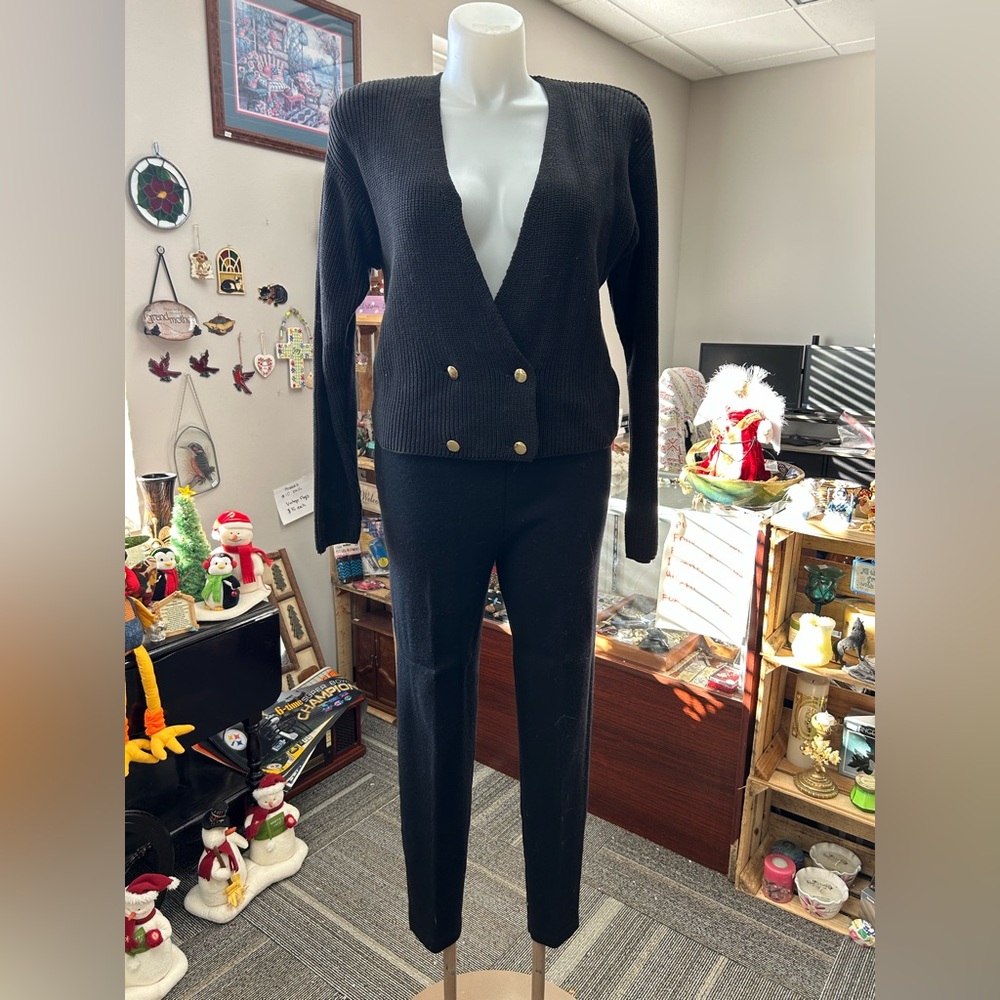 80’s vintage Black Double-Breasted Knit Cardigan with matching pants